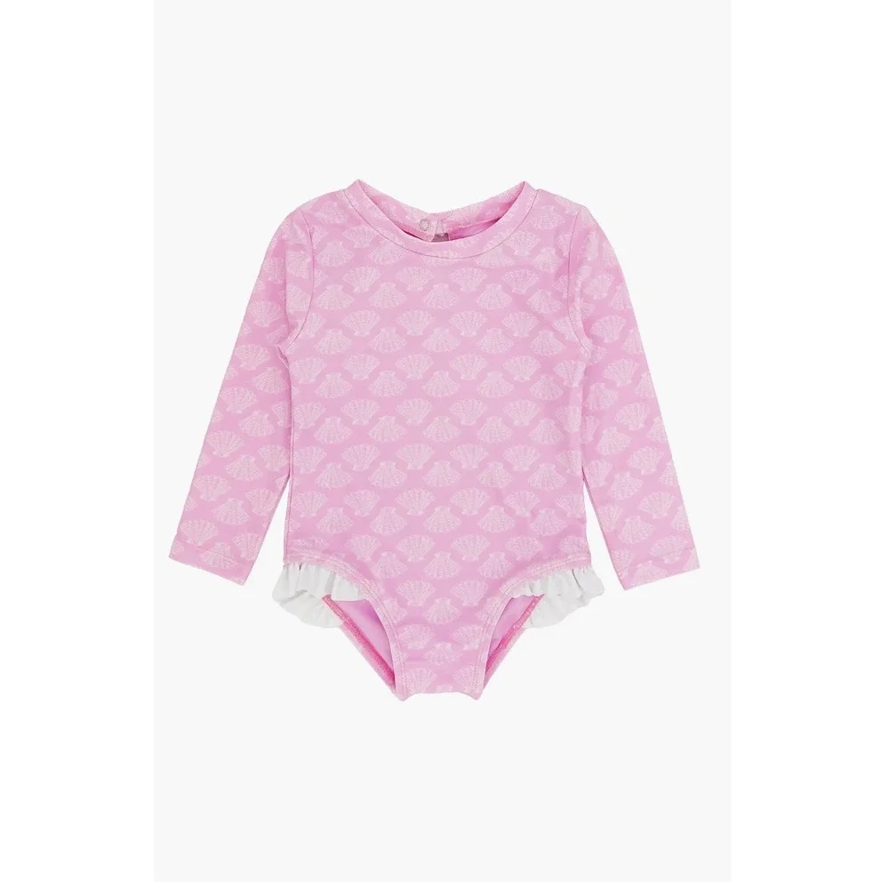 Feather 4 Arrow Girls 4T Pink Seashell Long Sleeve Rash Guard Swimsuit UPF 50+